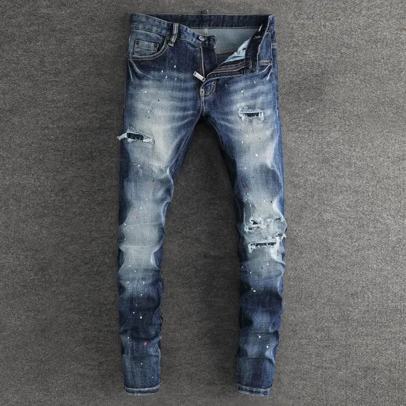 

Street Fashion Men Jeans High Quality Retro Blue Stretch Skinny Fit Hole Ripped Jeans Men Painted Designer Hip Hop Brand Pants