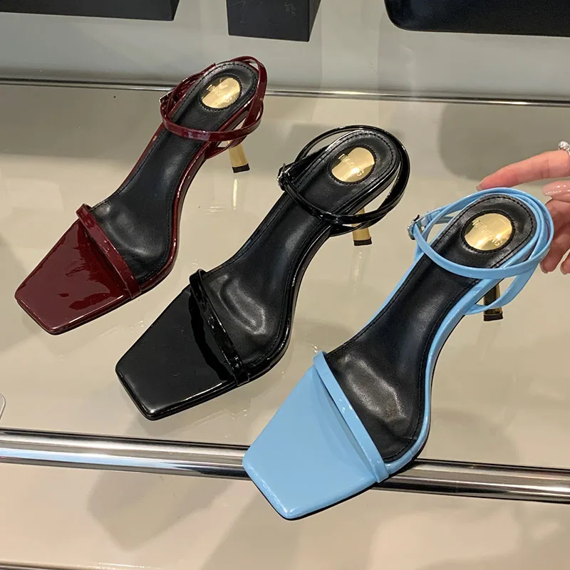 Footwear Square Toe Fashion Pumps Women Medium Heels Shoes Ankle Buckle Strap Female Shallow Ladies Thin Metal Heels Shoes