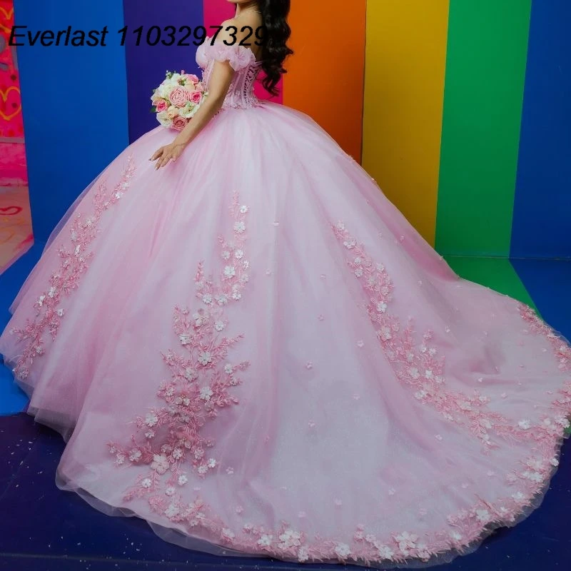 

Блестящее розовое платье EVLAST для Quinceanera, бальное платье, 3D Цветочная аппликация, кристалл, бисер, Мексиканский корсет, милое платье 16, 15 лет TQD542