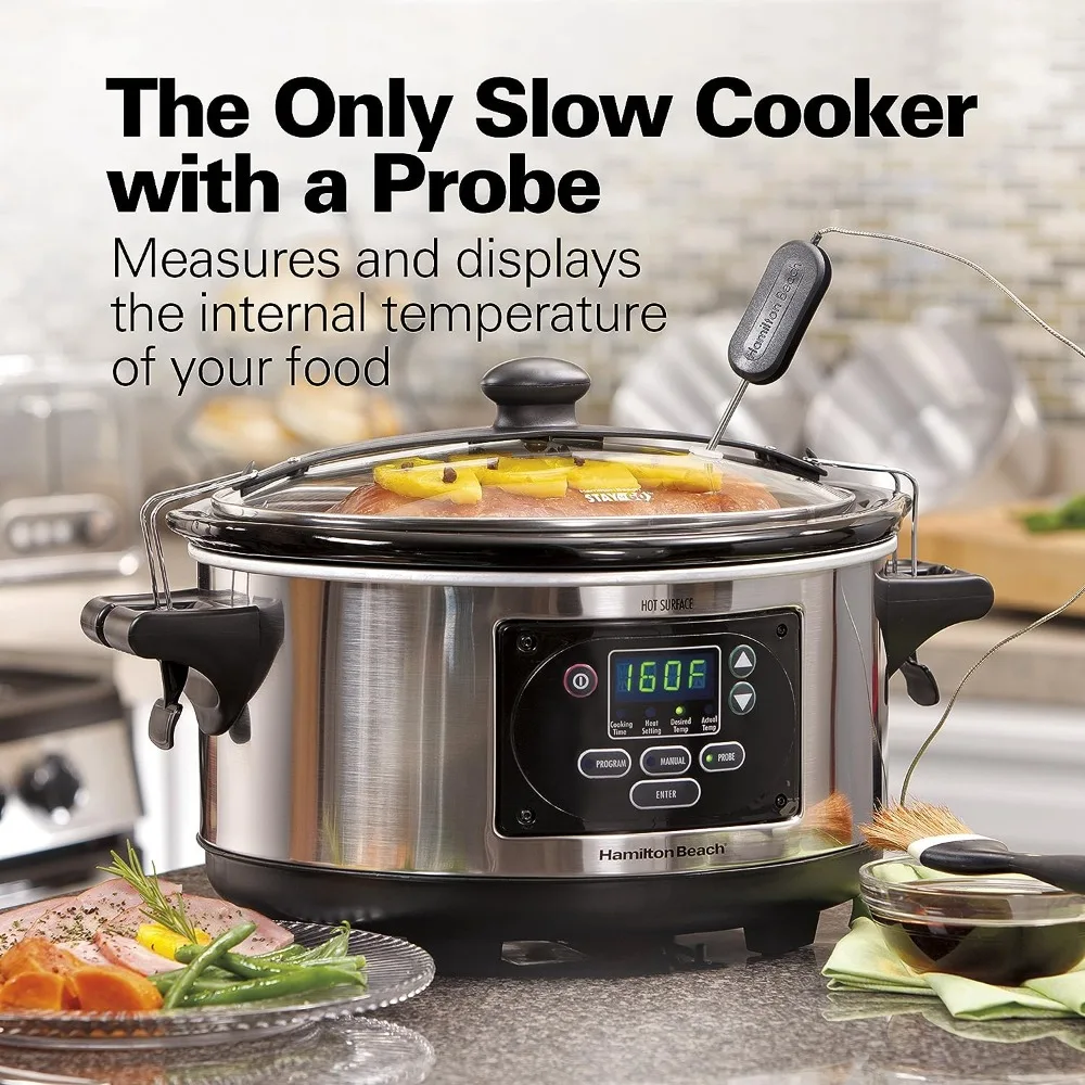 Esqueça Digital Programável Slow Cooker Lock, Conjunto Portátil de 6 Quartos, Lava-louças Crock e Tampa, Sonda de Temperatura