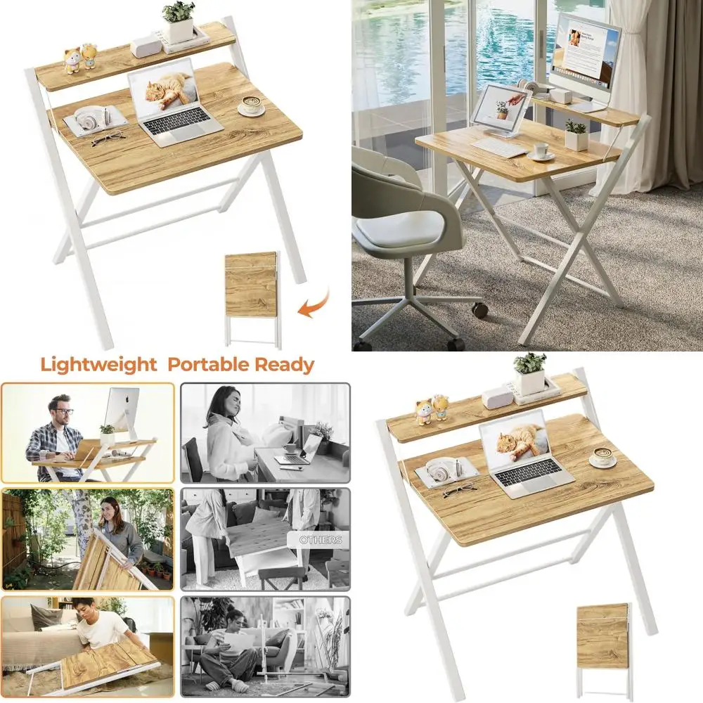 

Portable Small Desk No Assembly, 2-Tier Compact Computer Desk with Shelf, Space Saving Foldable Table for Home Office, Bedroom o