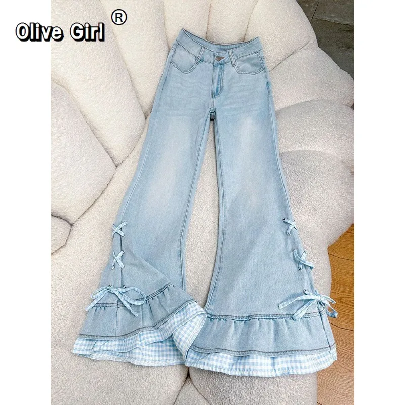 

Olivegirl Women's Denim Jeans Retro Light Blue Ruffle Slightly Pulled Pants Summer High Waist Fake Two-piece Horseshoe Trousers
