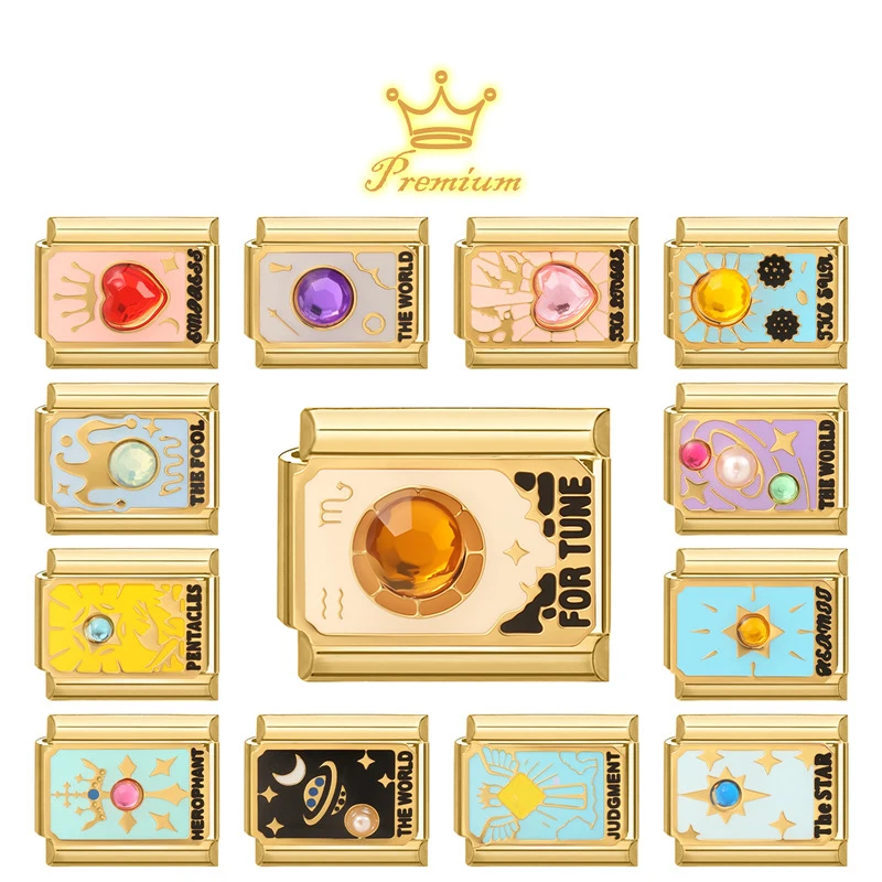 Y2K Original Golden Tarot Cards Zircon DIY Italian Charm Bracelet Stainless Steel Women Jewelry DIY Making Gifts Drop Shipping