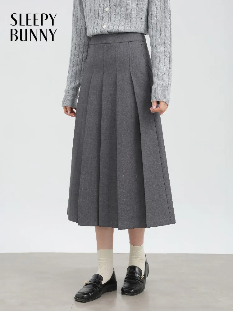 تنورة أنيقة عالية الخصر ذات ثنيات بقصة ضيقة على شكل حرف a تنورة ميدي للنساء تنورة غير رسمية للمكتب باللون الرمادي لملابس الخريف والشتاء الصغيرة