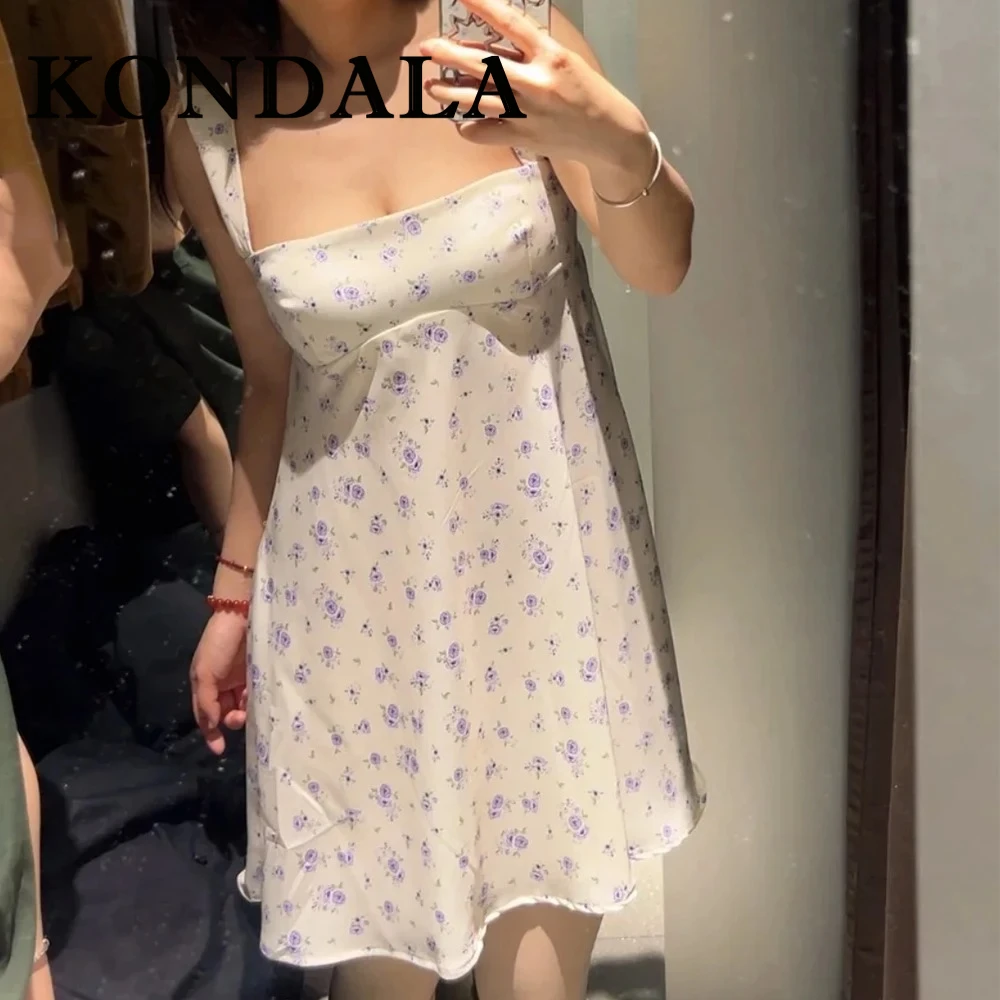 KONDALA Chic Floral Mini Y2k Woman Dresses Sexy Backless Fashion 2025 Party A-Line Dress 2025 Summer Lace-up Birthday Vestidos