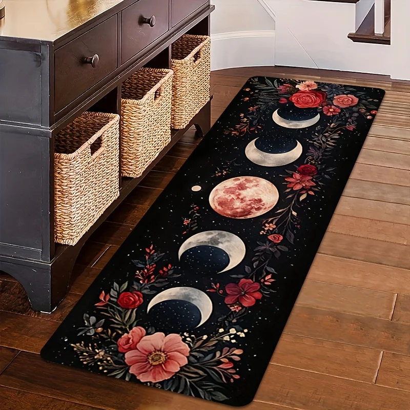 VIKAMA Boho Moon Phase Runner Rug Black Floral Long Hallway Carpet Pink Red Botanical Non Slip Washable Soft Mat Bedroom Decor