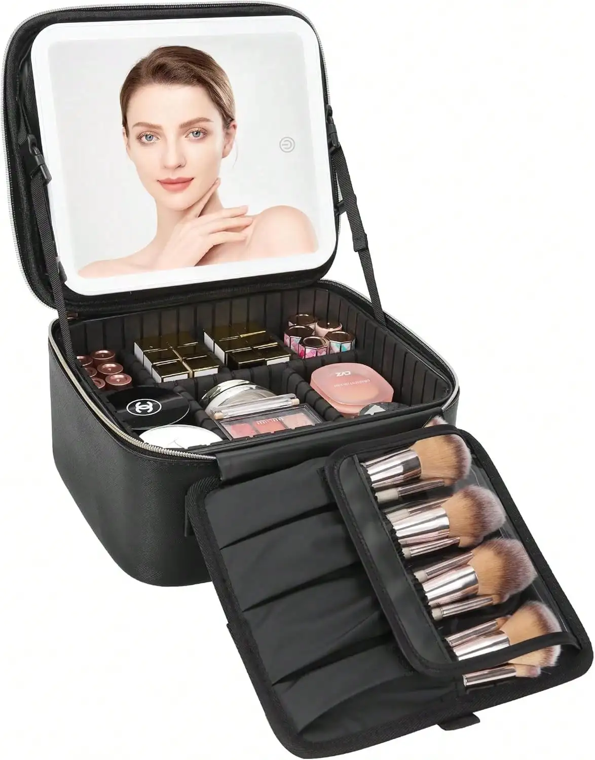Travel Makeup Bag With Mirror, Cosmetic Train Case With Mirror, Portable Makeup Artist Organizer Bag With Adjustable Dividers, Makeup Brush Holder Storage