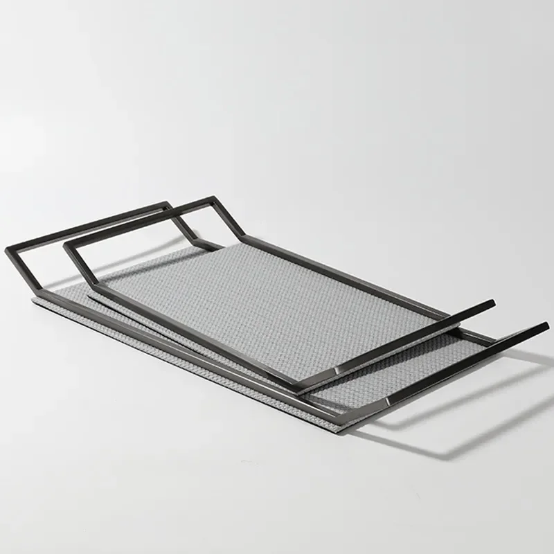 Simple and modern cold gray leather metal tray ornament, home furnishing, living room coffee table storage tray, model room