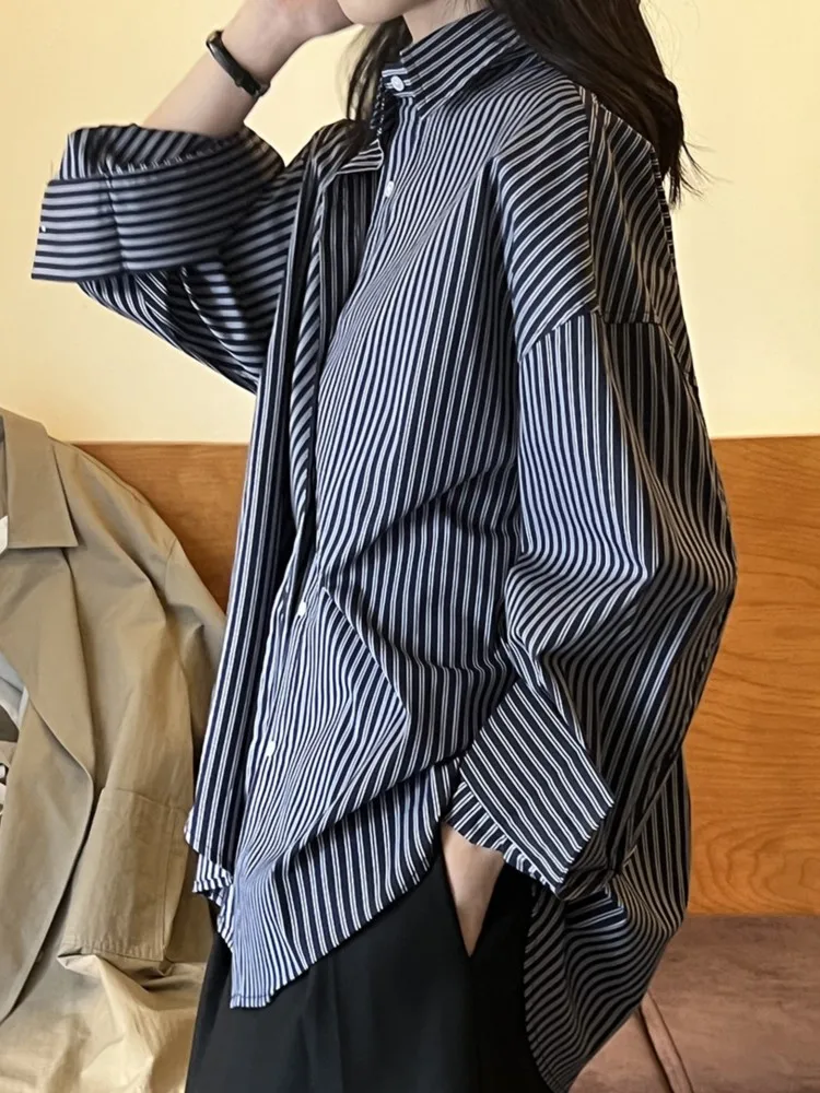 Autumn Striped Contrast Color Shirt Blouse Women Lapel Single Breasted Long Sleeve Office Ladies Blouses  Tops