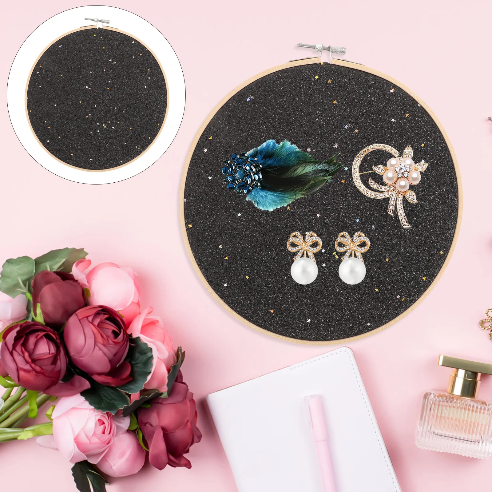 

Round Brooch Display Wall Hanging Pin Badge Organizer Canvas Glitter Board Black Storage Decor For Jewelry Collection