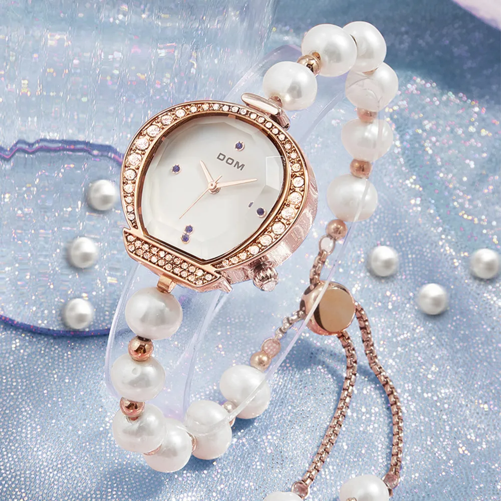 DOM Ladies Casual Quartz Unique Fashion Pearl Bracelet Diamond Crystal Simple Exquisite Watch For Women Life Waterproofing1585