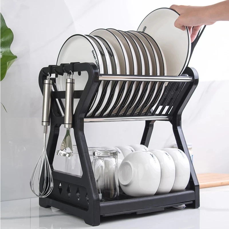 Dish Drying Rack for Kitchen Storage, Double Layer Drainer Shelf, Knife Fork Container, Holder, Cutting Board Stand