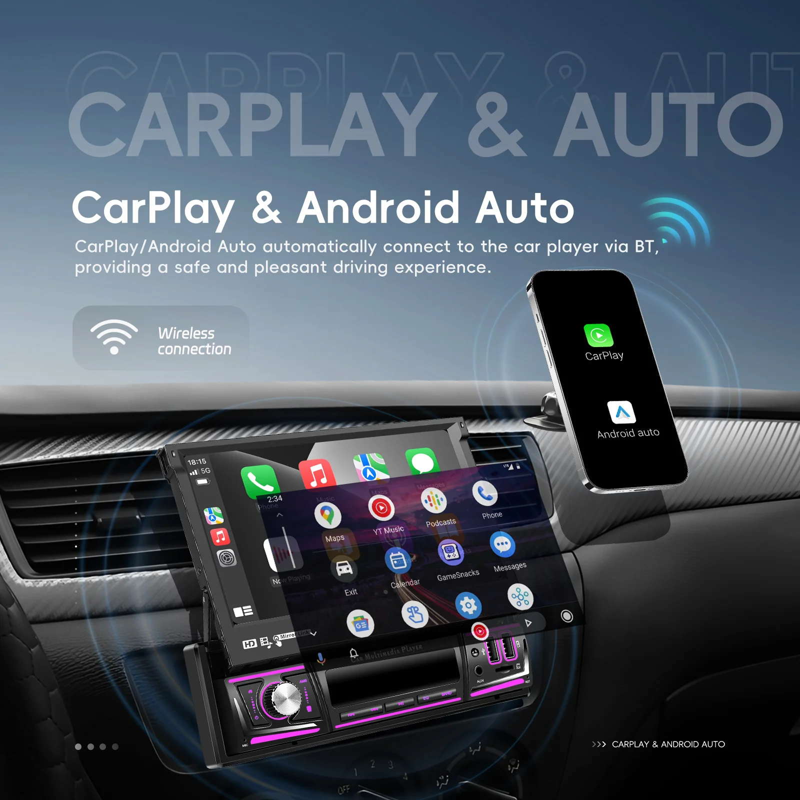 Podofo 2+64G Intelligentes Autosystem 1 Din Kabelloses Carplay Android Auto 7'' Auto-Multimediaplayer mit WLAN GPS Rückfahrkamera-Unterstützung – Detail 3