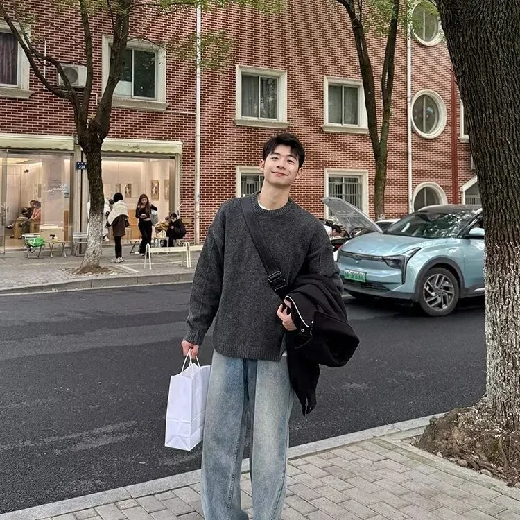 

Мужской круглый вязаный свитер Ne, повседневный свободный крой, длинный свек, осень-весна, новый Sle, удобный дышащий полиэфирное волокно