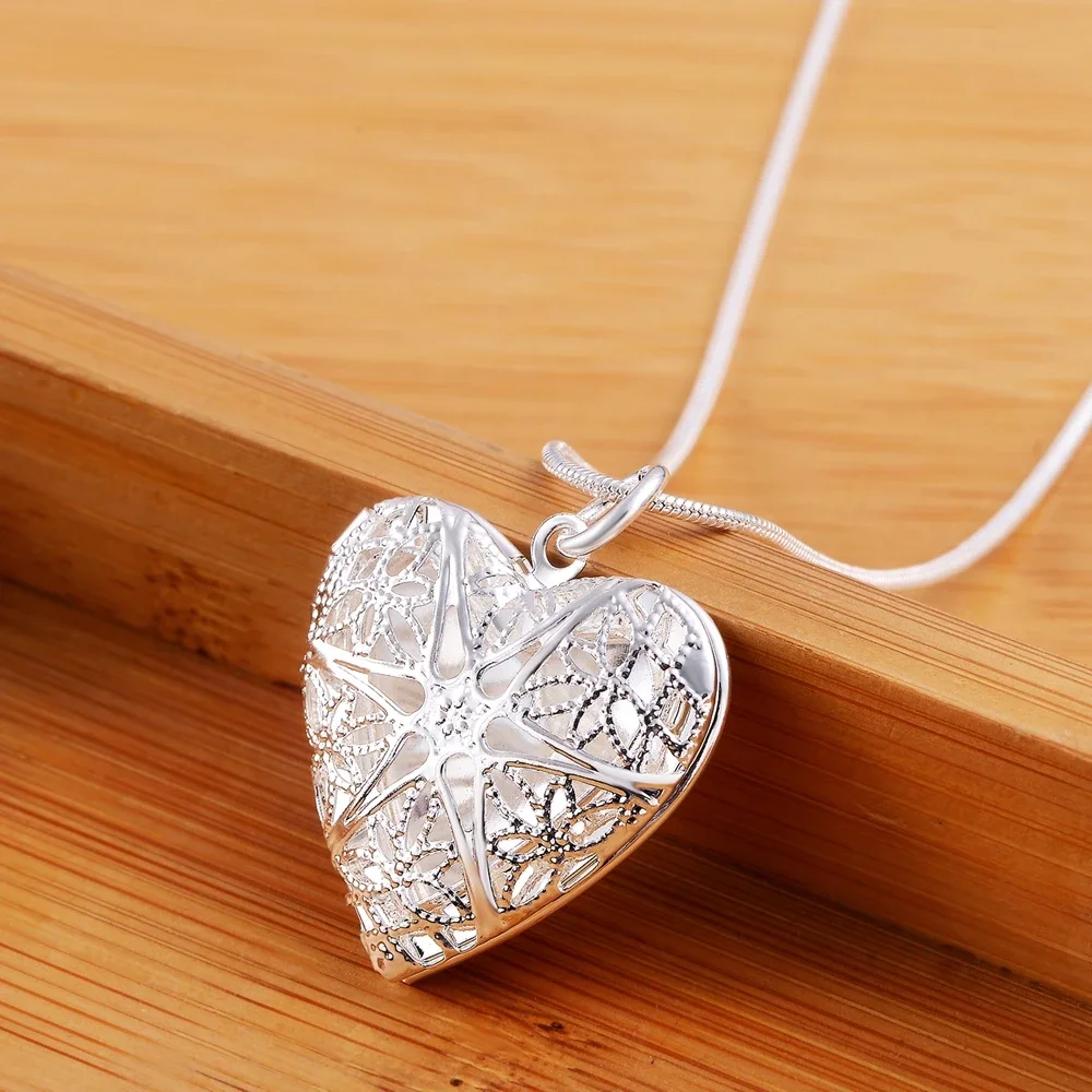 Hot 45-75cm 925 Sterling Silver  Pattern Heart Photo Frame Pendant Necklace for Women Christmas Gift Fashion Wedding Jewelry