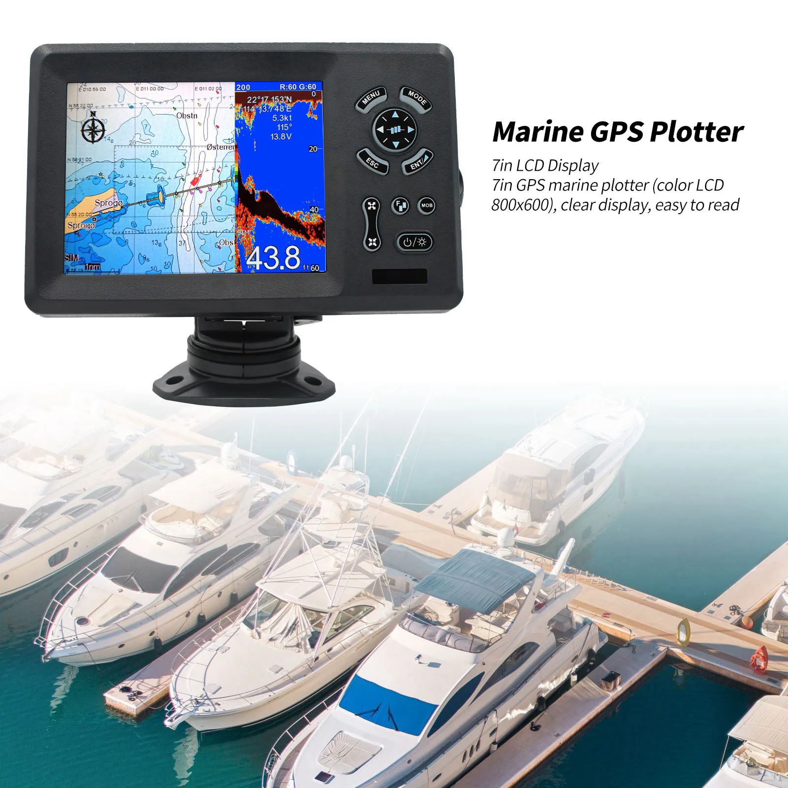7in Marine Plotter Built in Fish Finder Colored LCD Display Split Screen IP66  Boat Navigation Locator Marine Plotter