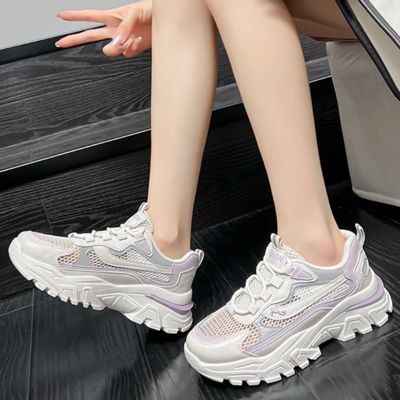 

2025 Summer New Women's Breathable Mesh Height Increasing Casual Versatile Dad Shoes White