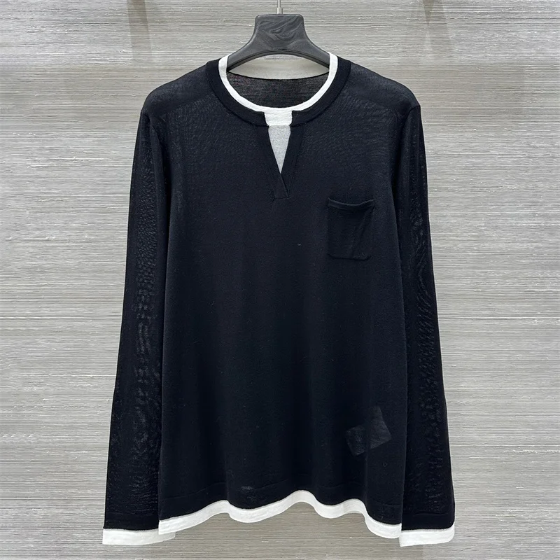 

Women's sweater New elastic knitted slim fit long sleeved top for summer 2025 Fake two round neck pullovers wool blend Knitwear