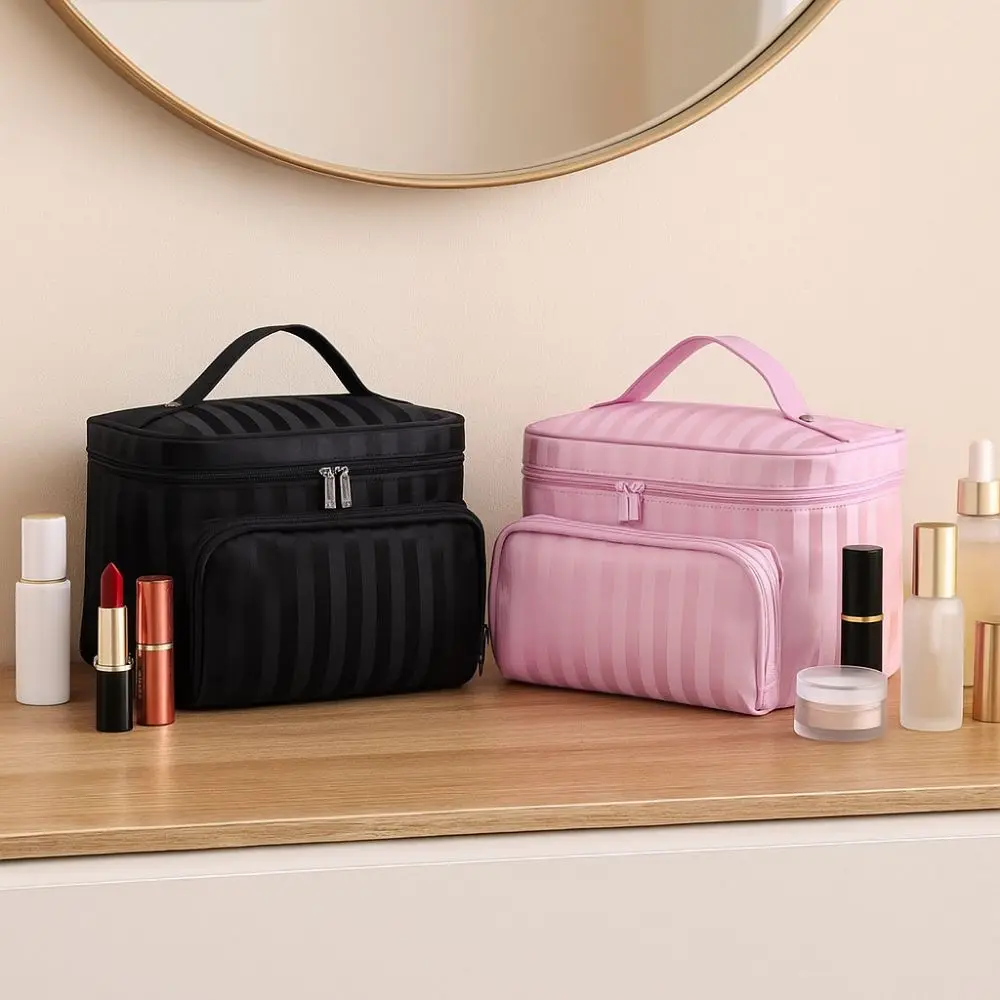 

Multifunctional Hand-held Stripe Cosmetic Bag Large Capacity Waterproof Toiletry Bag with Zipper Foldable Makeup Bag for Home