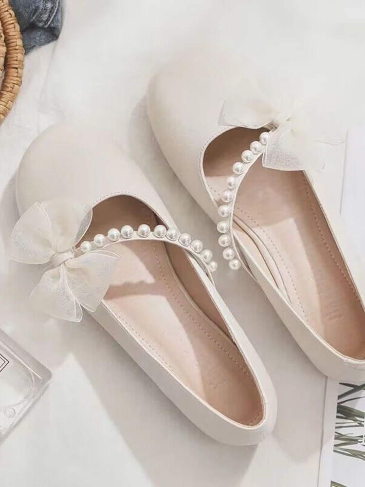 

Kawaii Sweet Mary Janes Shoes Women Summer Vintage Round Toe Elegant Shoes Ladies String Bead Causal Slip-on Fashion Flat Shoes