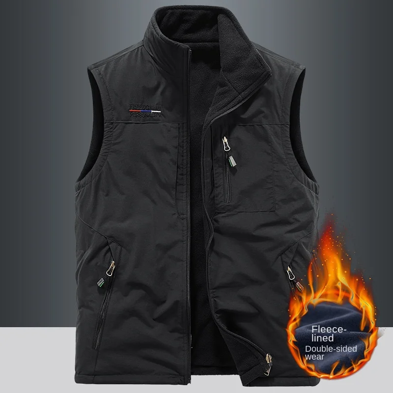 Winter Men's Vest New Solid Color Plush Thickened Double-sided Wearable Outdoor Sports Kan Shoulder coat Men's Sleeveless Jacket