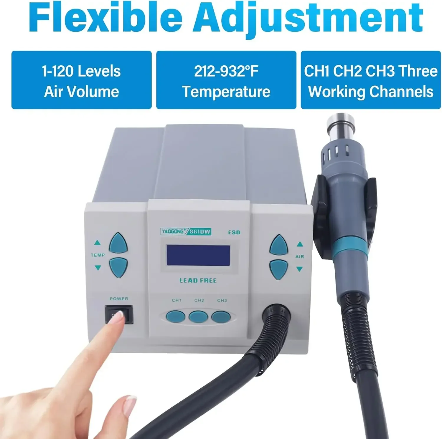 CNCEST Soldering Heat Gun, 1000W Digital Heat Gun Soldering Rework Station AC 110V Large Screen Display 3 Air Nozzles