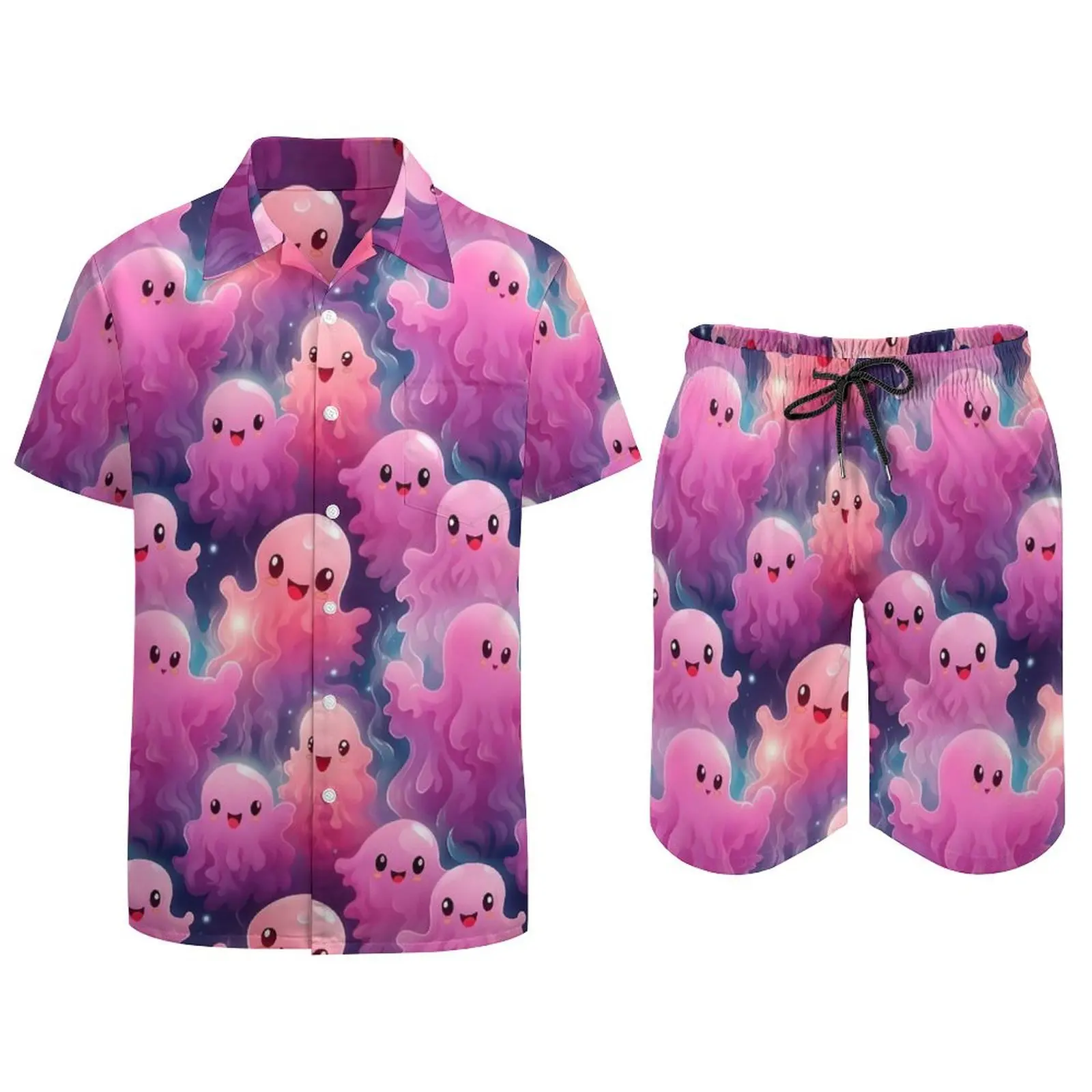 Pink Ghost Men Sets Funny Halloween Casual Shorts Summer Trendy Beach Shirt Set Short-Sleeve Oversized Suit Birthday Present