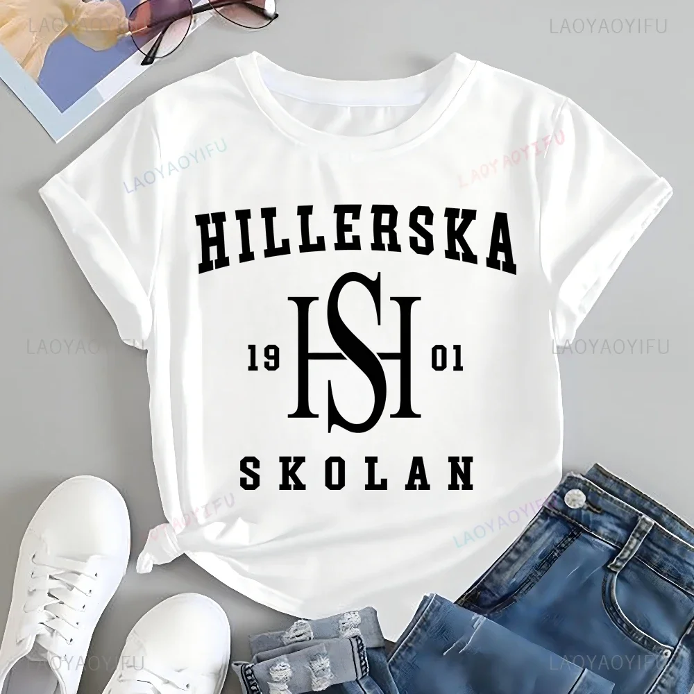 Vintage Hillerska Skolan Print T-shirt Top Hillerska Skolan Trend Harajuku Short Sleeved Unisex Shirt Pattern Oversized T-shirt