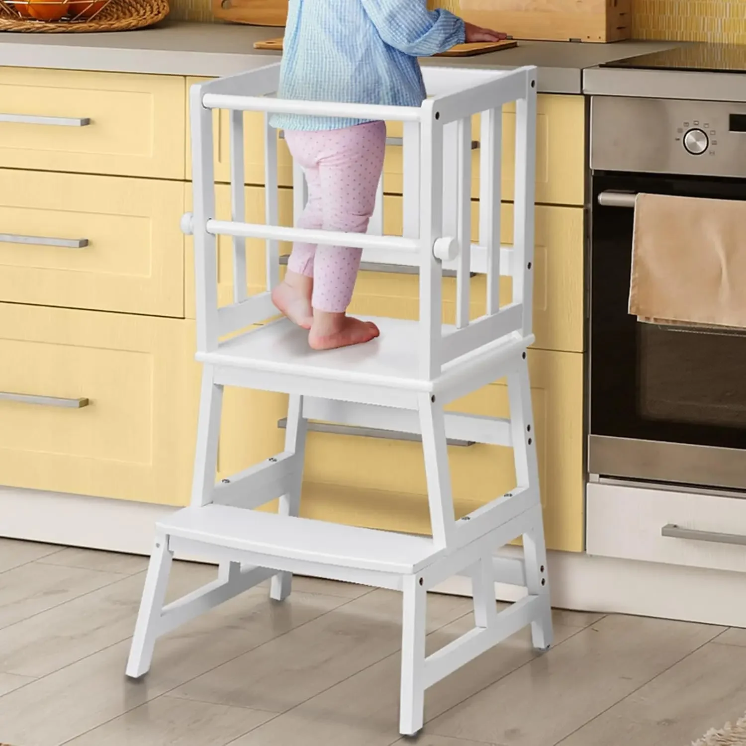 Kids Kitchen Step Stool Helper with Gloves Removable Anti-Drop Railing Safety Rail, Non-Slip Mat Standing Tower Stepping Stool f