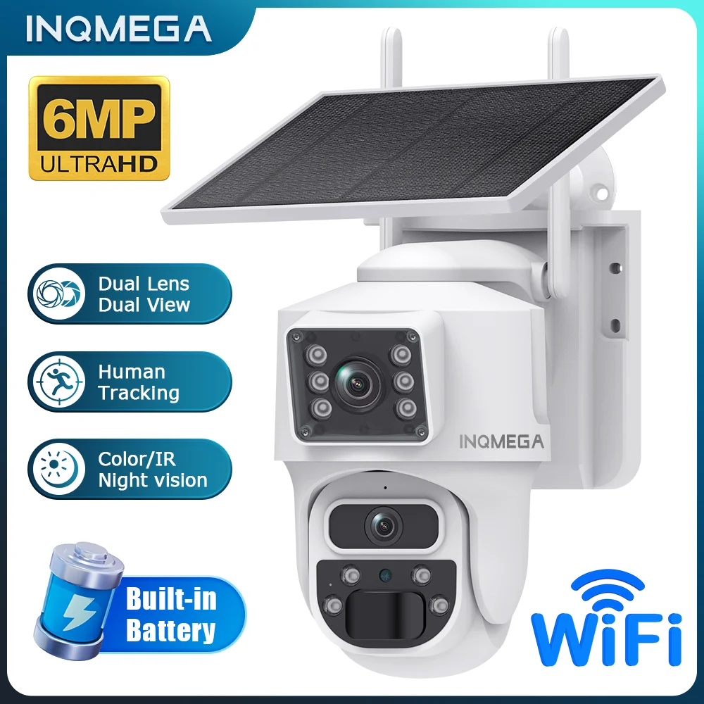 INQMEGA 4K 6MP Solar Camera 4G Sim Dual Lens Security Dual Screen Recording Humanoid Tracking Color Night Vision WiFi PTZ Cam