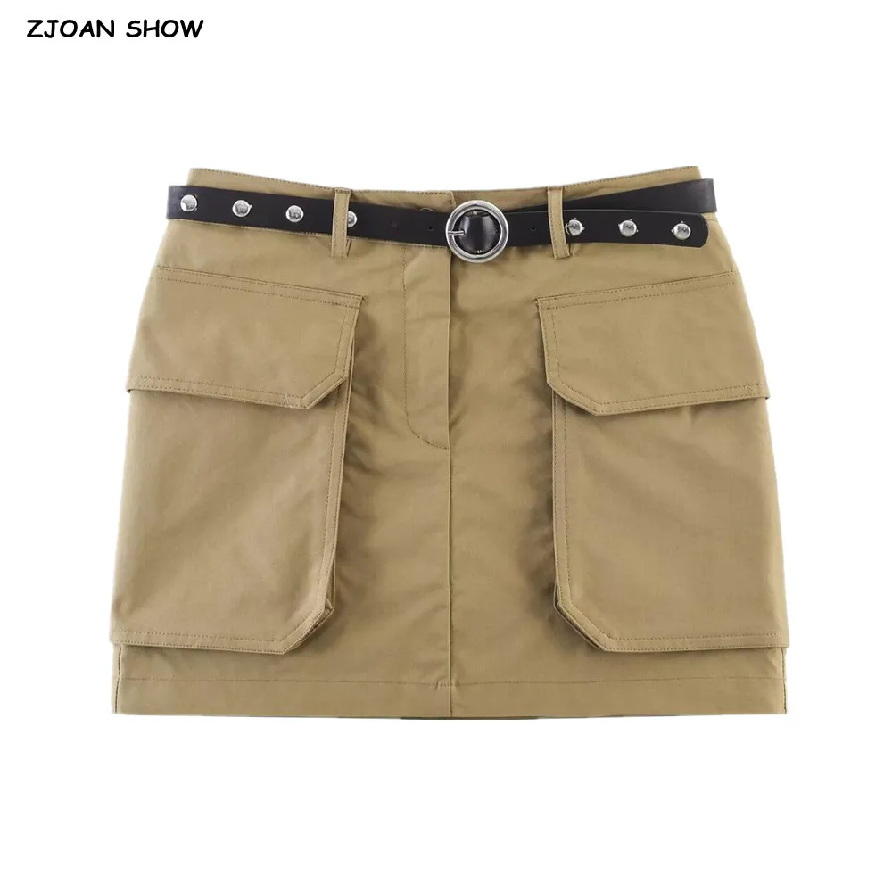 

Модная юбка-сафари с поясом и низкой талией для женщин, с боковыми карманами, облегающая бедра, мини-юбка цвета хаки, весна-лето
