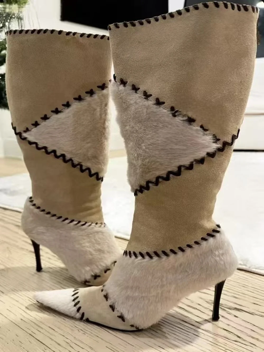 Custom Beige Suede Faux Fur Patchwork Knee-High Boots Contrast Stitch Detail Pointed Toe Stiletto Heel Winter Casual Warm Boots