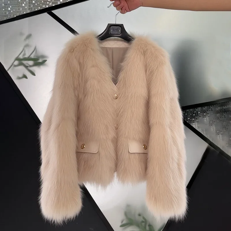 เสื้อโค้ทขนเฟอร์เทียมสำหรับผู้หญิง แจ็คเก็ตขนเฟอร์แบบเรียบ มีกระเป๋า คอวี แขนยาว ติดกระดุมแถวเดียว หนา อุ่น สวมใส่สบาย สไตล์ลำลอง ฤดูใบไม้ร่วง ฤดูหนาว 2025