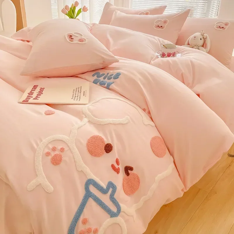 Cotton Cute Cartoon Duck Rabbit Bear Applique Child Bedding Set Twin Single Queen Size Duvet Cover Set Bed Sheet Pillowcase