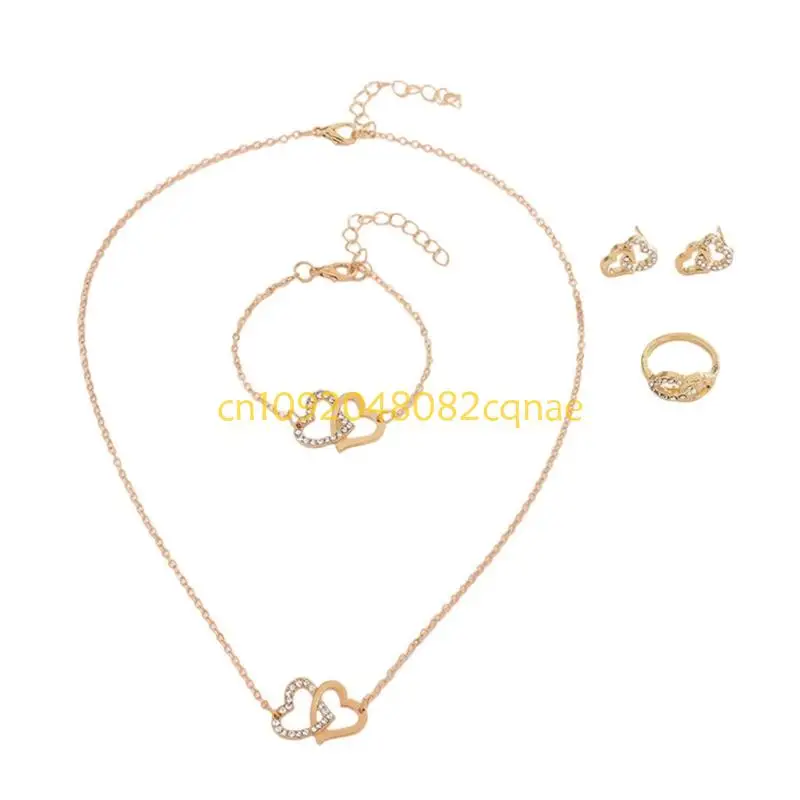 Permanent Mixture Double Heart Jewelry Set 4Pcs Stone Necklace Bangle Earrings For Special Instances