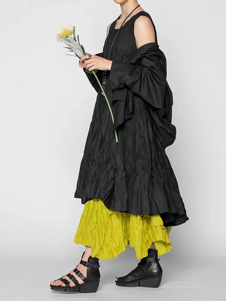 Women Retro Summer Cake Dress Casual Round Neck Sleeveless Fake Two Pieces Gathered Indie Folk Patchwork Loose Maxi Dress
