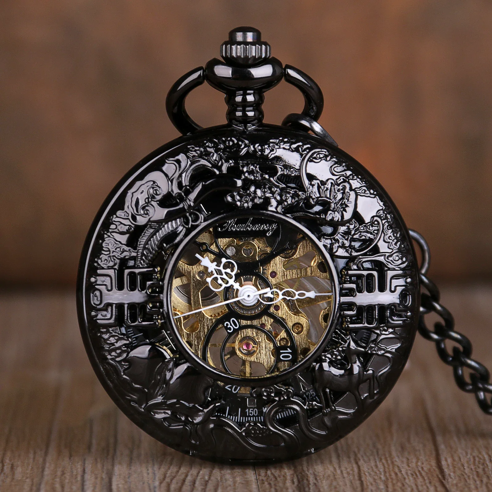 Retro Accessory Men's Watch All black Clock Pocket Watch With FOB Chain Gift Unique Fashion Quartz Necklace Pendant Souvenir