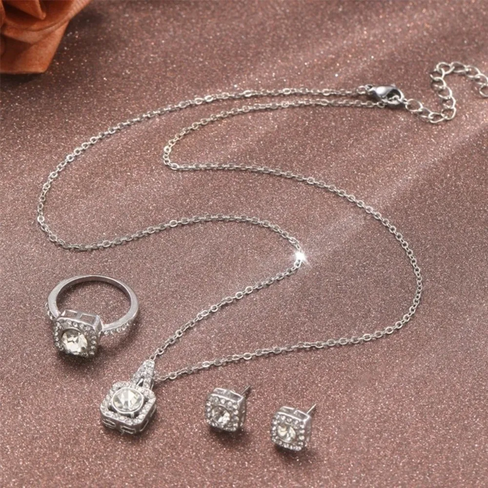 Luxury Ring Cube Jewelry Set Crystal Pendant Square Necklace Elegant Shiny Ear Studs Gift