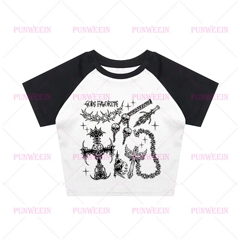 เสื้อกล้ามครอปสีขาวพิมพ์ลายกะโหลกศีรษะสไตล์วินเทจ กรันจ์ สตรีทแวร์ พังก์ ฮาราจูกุ กอธิค อีโม สำหรับสาวๆ