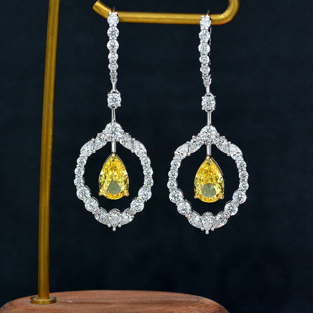 PuBang Fine Jewelry Pear Drop Earrings 100% 925 Sterling Silver Yellow Gem Created Moissanite for Women Party Gift Free Shipping