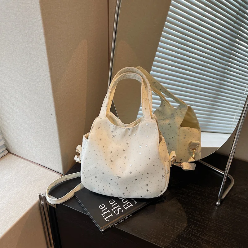 

Women's Star-Patterned Bucket Bag Large Capacity Versatile Canvas Shoulder Bag Commuting Casual Outing Handbag Commuter Tote Bag