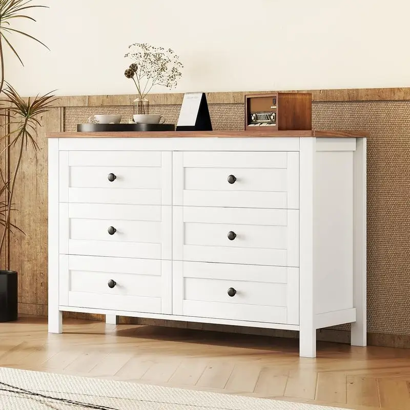 Retro Farmhouse Wooden Dresser with 6 Drawers, Bedroom Storage Cabinet, White and Brown Finish