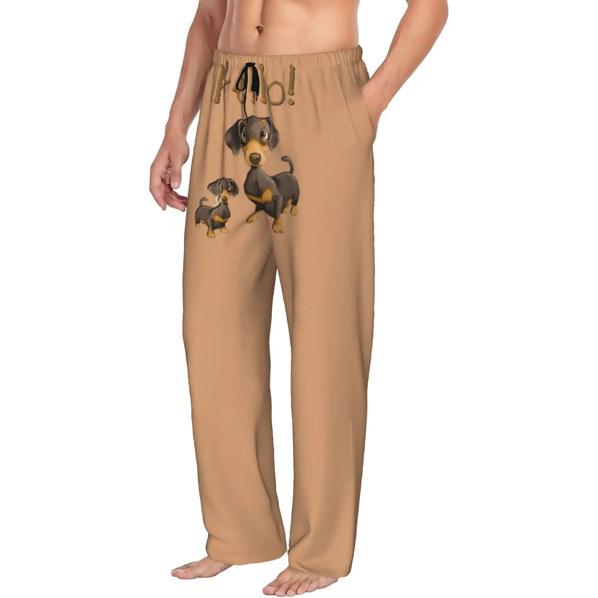 Custom Men Funny Dachshund Cartoon Pajama Pants Printed  Sleep Sleepwear Bottoms with Pockets