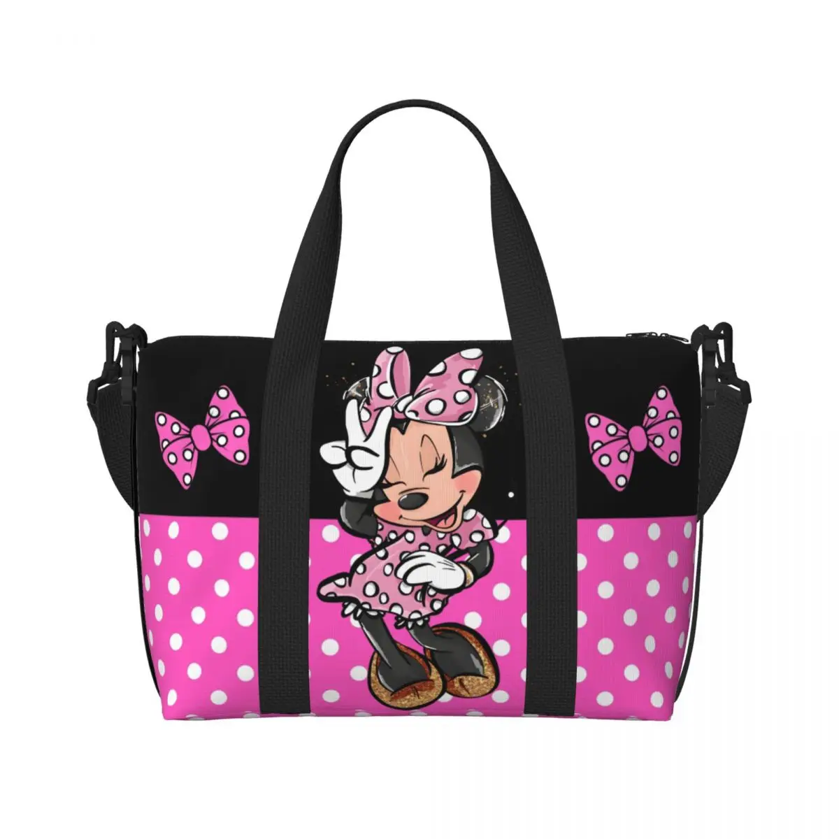 

Custom Pink Minnie Polkadots Beach Tote Bag for Women Animated Large Compartment Gym Beach Travel Bags