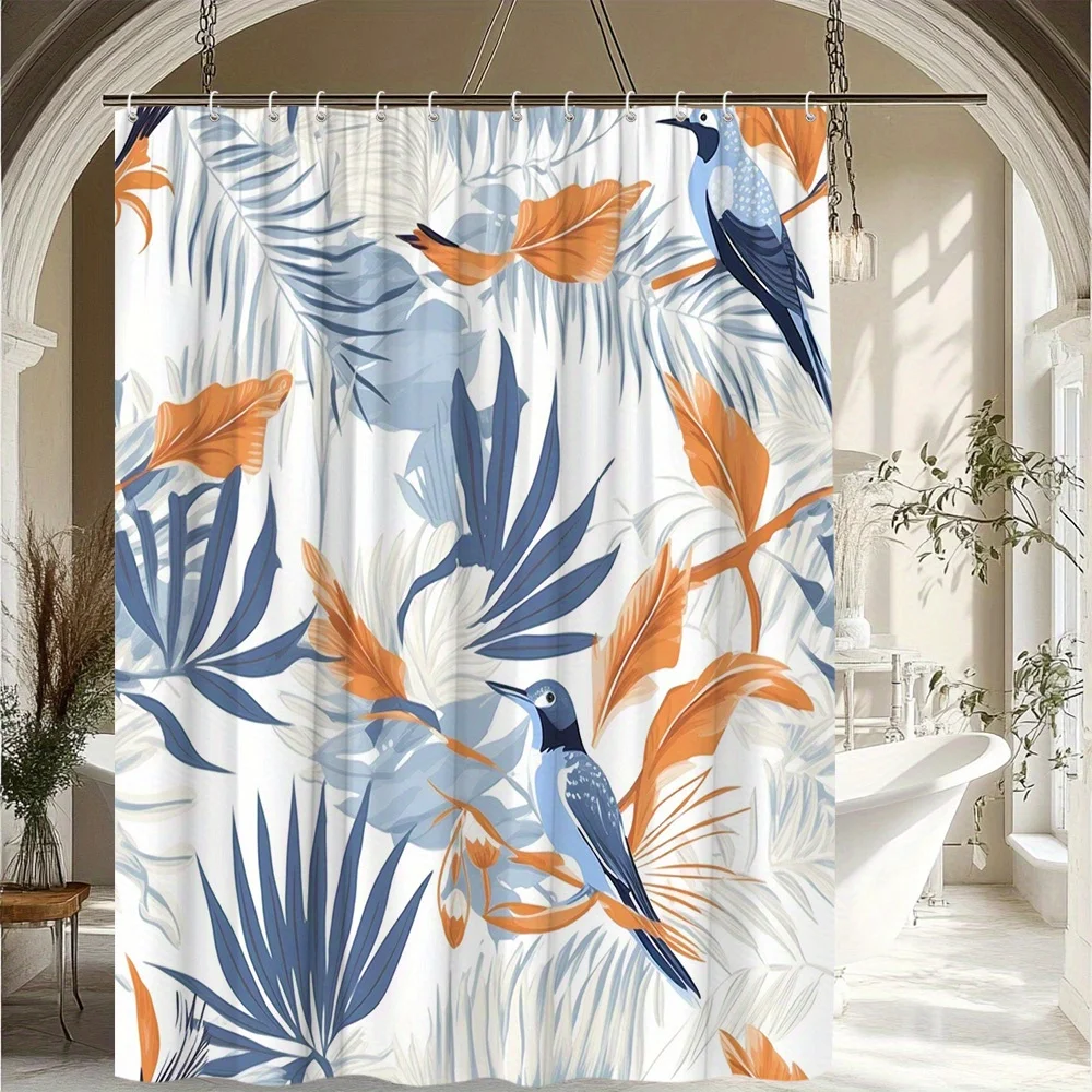 

1 шт. занавеска для душа с узором тропических птиц и растений — яркий синий, оранжевый и белый дизайн, прочная полиэфирная ткань,