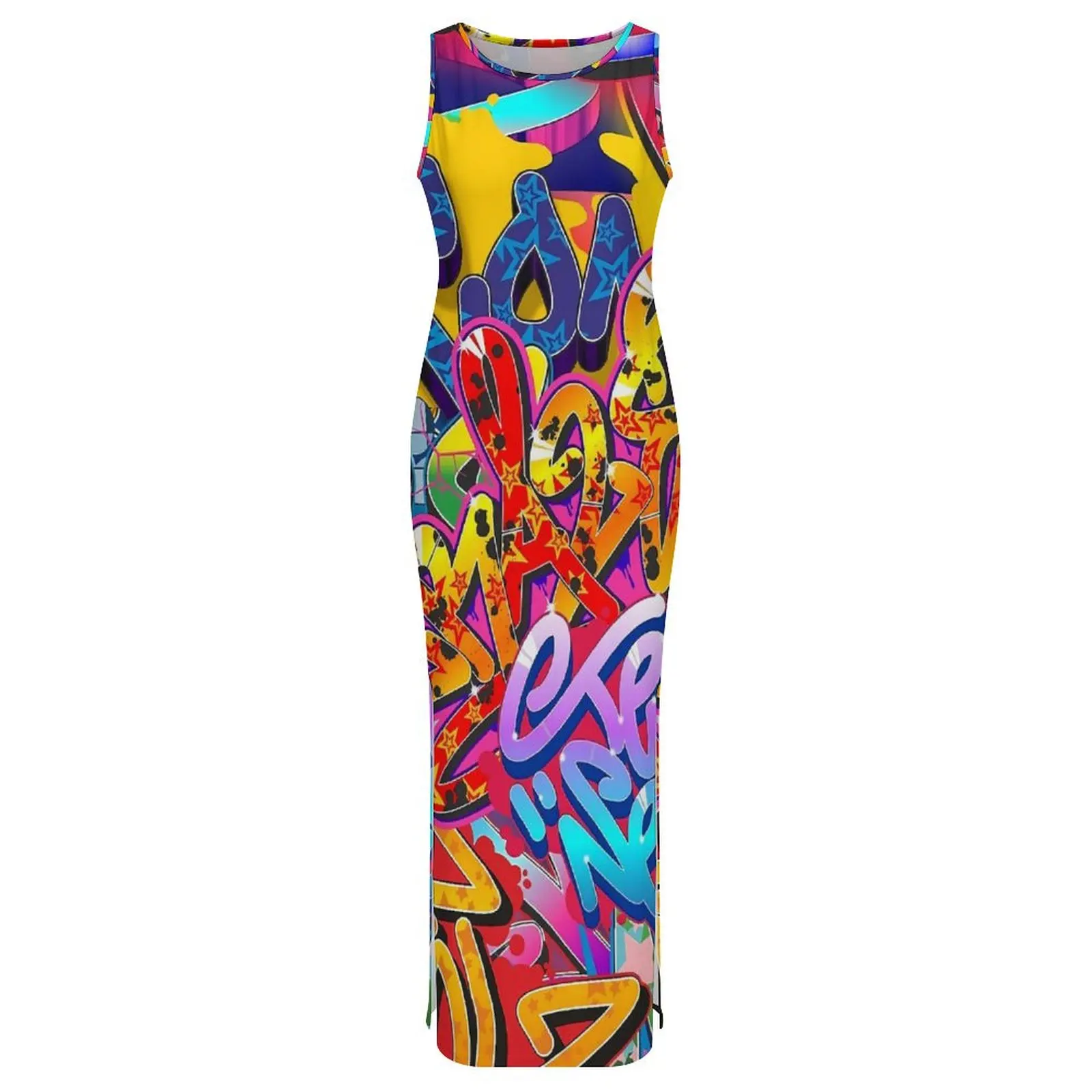 Graffiti Words Dress Sleeveless Colorful Print Streetwear Maxi Dresses Cute Bodycon Dress Women Design Oversize Vestido