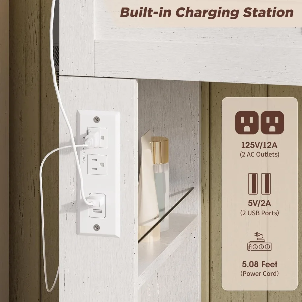 مكتب مكياج كبير للمزرعة، مجموعة خزانة زينة ذات سطح زجاجي، طاولة تزيين مكياج، مع مرآة وأضواء و8 أدراج