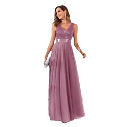 Elegant Sleeveless Double V-neck Tulle Embroidery Sequined Long Formal Evening Mother of the Bride Dress