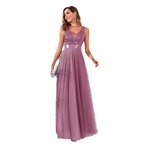 Elegant Sleeveless Double V-neck Tulle Embroidery Sequined Long Formal Evening Dress