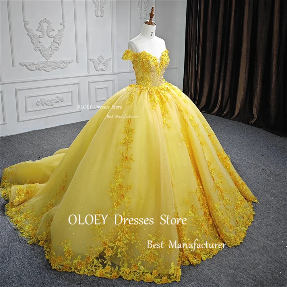 OLOEY gaun Quinceanera kuning mengkilap, gaun pernikahan manik-manik Kristal 3D applique 15 18 pesta gaun bola